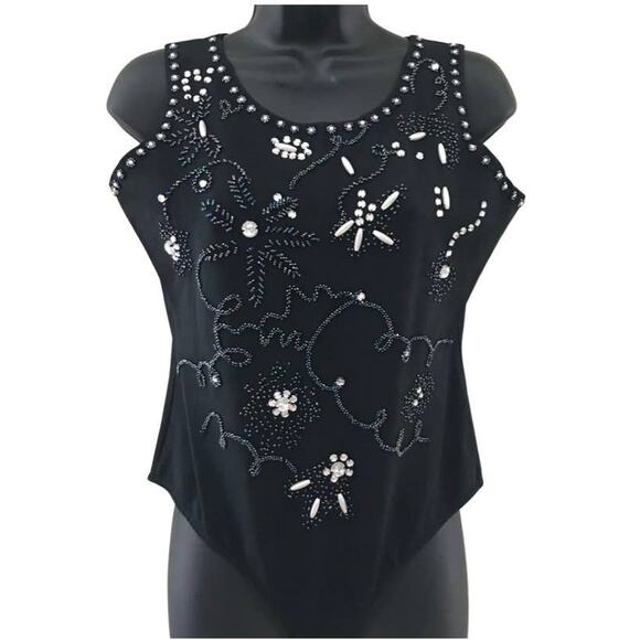 Vintage Tops - Hunza Black Beaded Tank Body Suit Size Medium